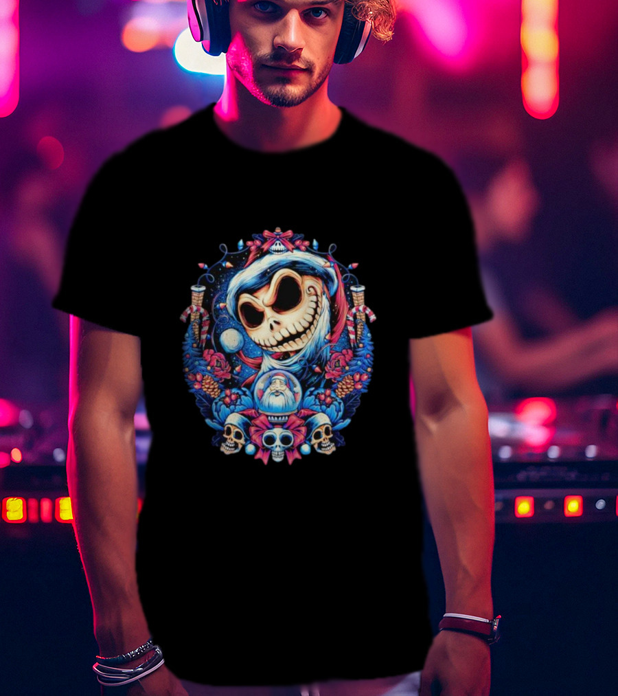 Jack Skellington Christmas Santa Skull Wreath Candy Cane Holiday T-Shirt
