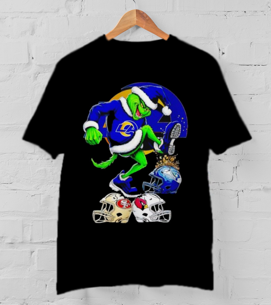 Los Angeles Rams Grinch Stomping NFL Helmets Christmas Funny Santa T-Shirt