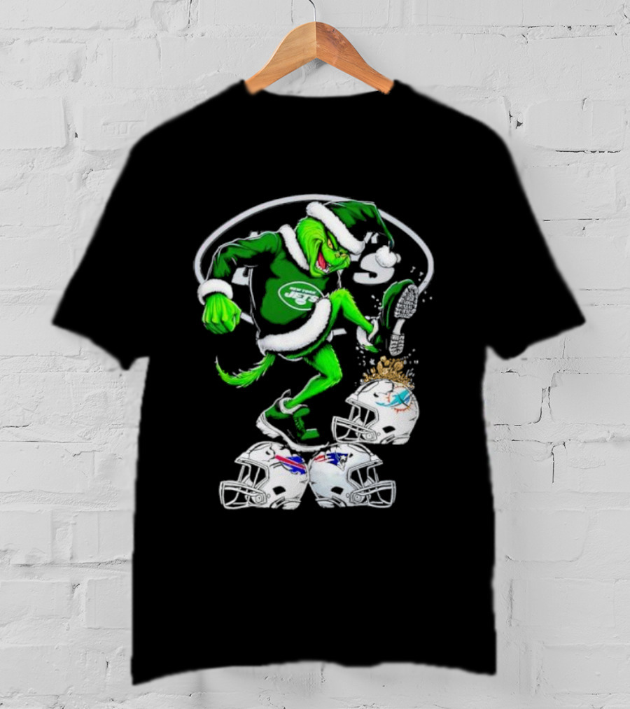 New York Jets Grinch Santa Stomping NFL Helmets Funny Christmas T-Shirt