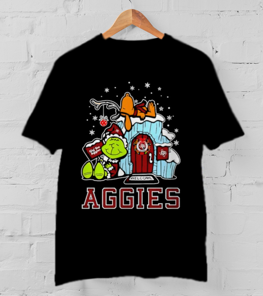 Peanuts Aggies Grinch Snoopy Christmas Hut Texas Holiday T-Shirt