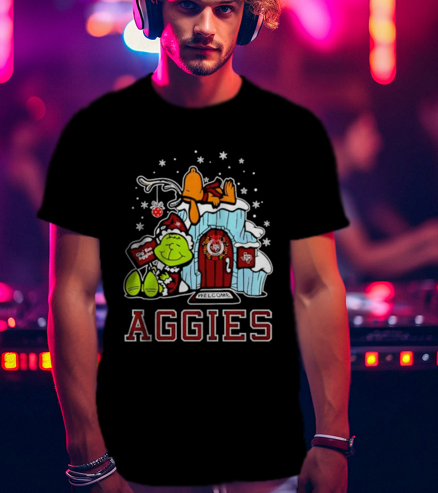 Peanuts Aggies Grinch Snoopy Christmas Hut Texas Holiday T-Shirt