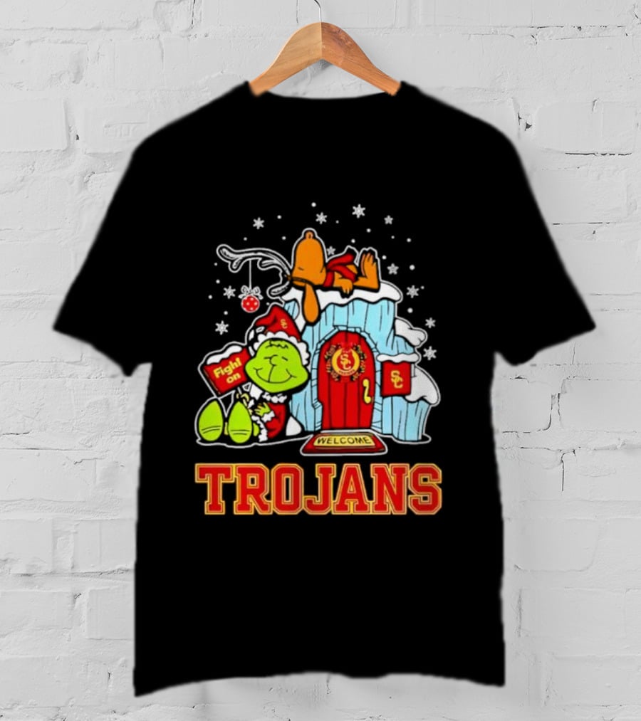 Peanuts USC Trojans Grinch Snoopy Christmas Fight On Welcome T-Shirt