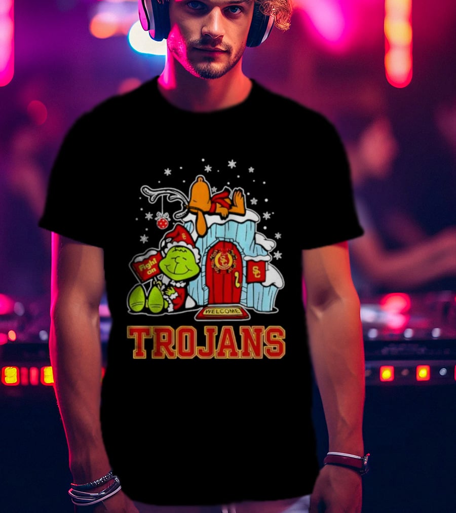 Peanuts USC Trojans Grinch Snoopy Christmas Fight On Welcome T-Shirt