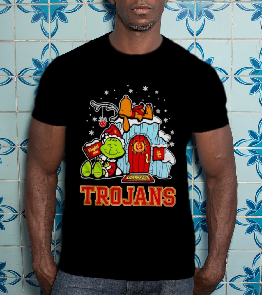 Peanuts USC Trojans Grinch Snoopy Christmas Fight On Welcome T-Shirt