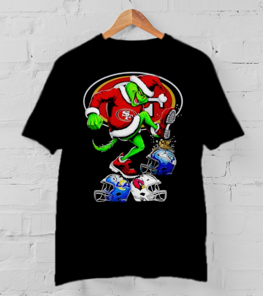 San Francisco 49ers Grinch In Santa Suit Stomps NFL Helmets Rams Cardinals Christmas T-Shirt
