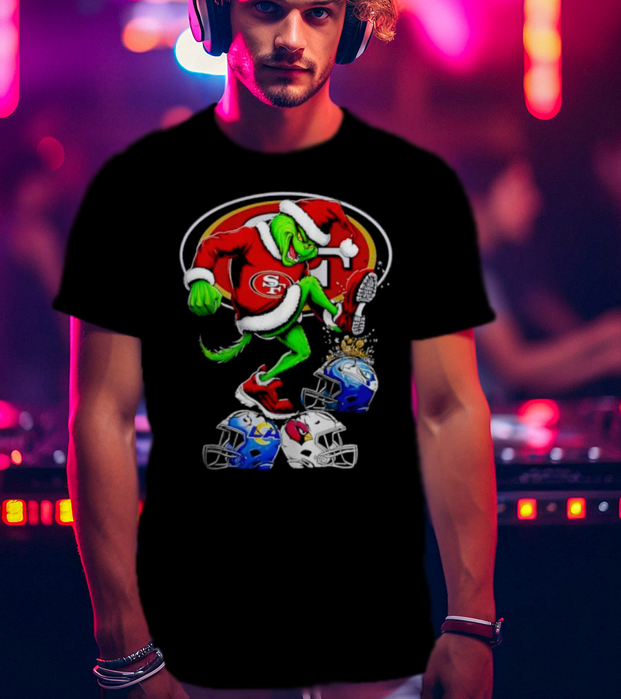 San Francisco 49ers Grinch In Santa Suit Stomps NFL Helmets Rams Cardinals Christmas T-Shirt