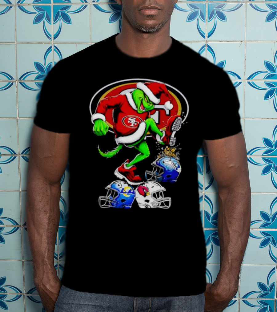 San Francisco 49ers Grinch In Santa Suit Stomps NFL Helmets Rams Cardinals Christmas T-Shirt