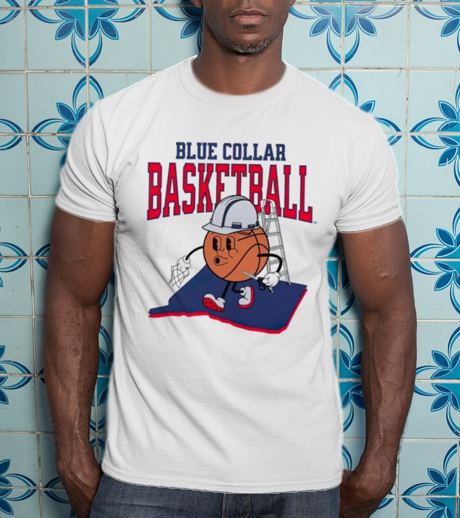 Blue Collar Basketball Hard Hat Hoop Cartoon T-Shirt