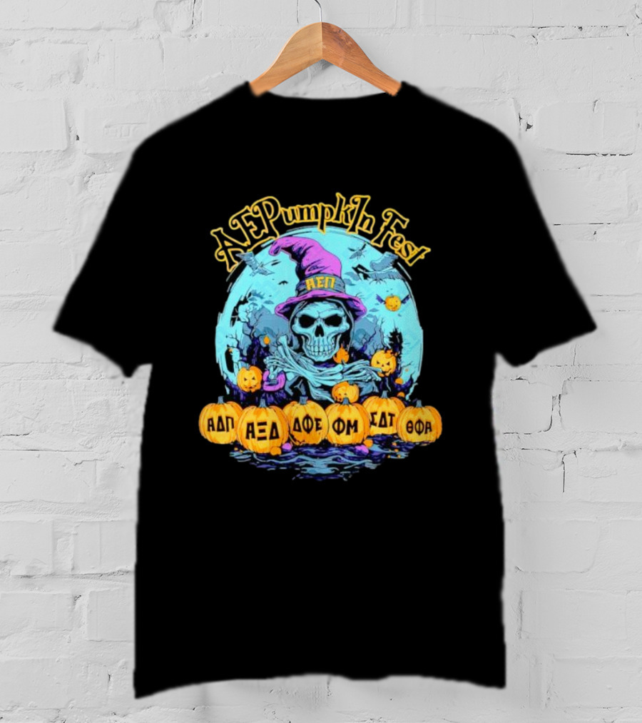 AEP Pumpkin Fest Skull With Halloween Theme And Greek Letters T-Shirt