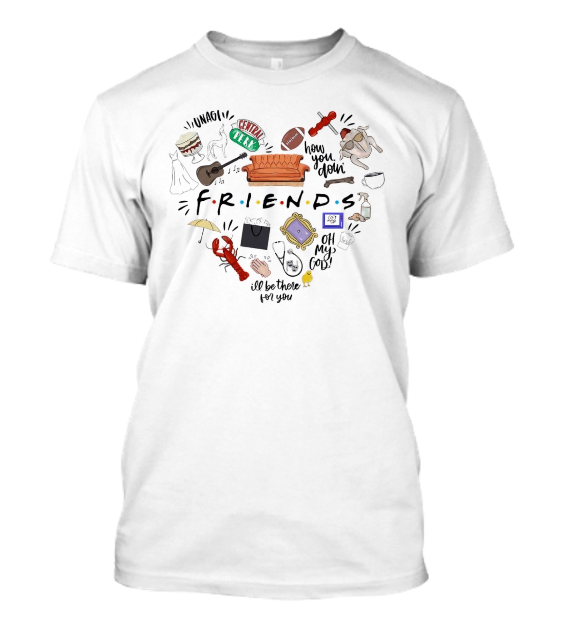 Friends TV Show Christmas Icons Unagi Central Perk Couch Football Turkey How You Doin' I'll Be There For You T-Shirt