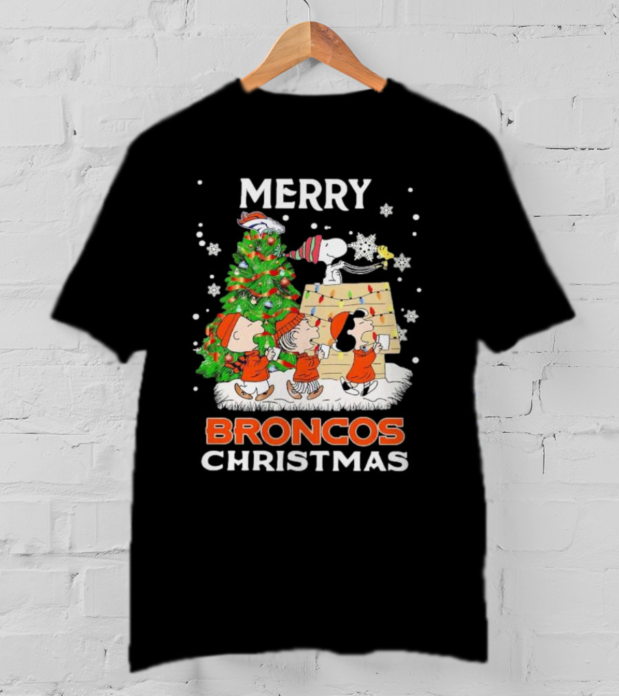 Merry Broncos Christmas Peanuts Characters T-Shirt