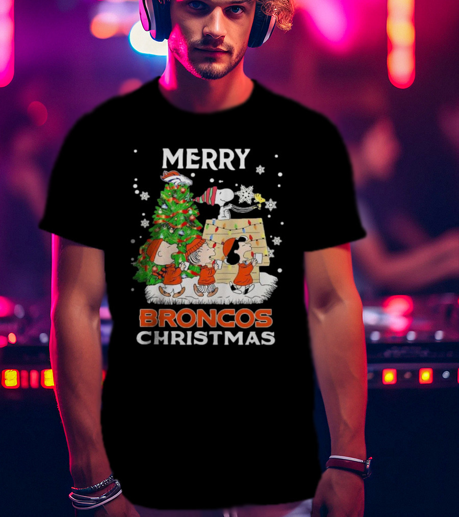 Merry Broncos Christmas Peanuts Characters T-Shirt