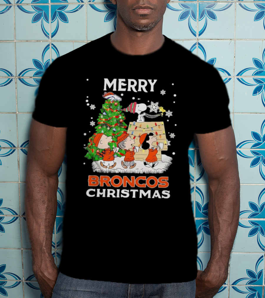 Merry Broncos Christmas Peanuts Characters T-Shirt