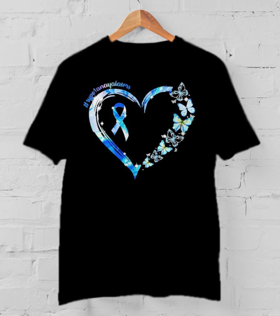 Type1Namayalars Diabetes Awareness Heart With Blue Ribbon And Butterflies T-Shirt