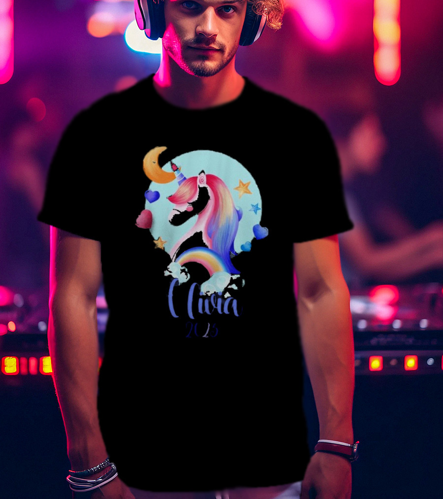 Olivia 2025 Rainbow Unicorn Hearts And Stars Christmas T-Shirt