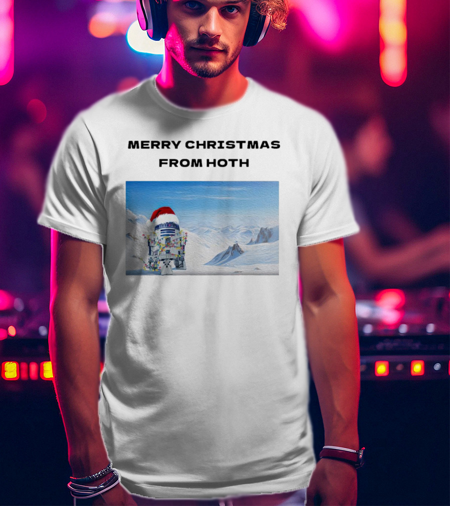 R2-D2 Merry Christmas From Hoth Santa Hat Lights Snowy Scene T-Shirt