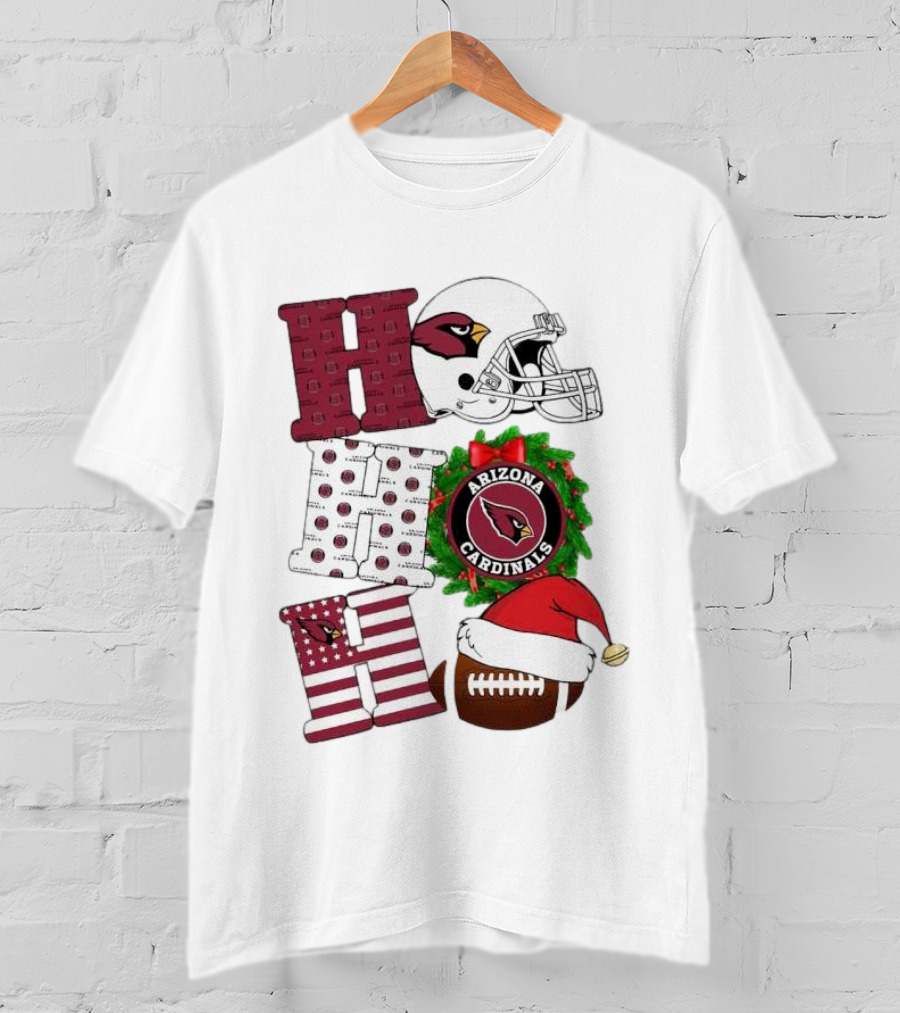 Arizona Cardinals Helmet Wreath Football Ho Ho Ho Merry Christmas T-Shirt