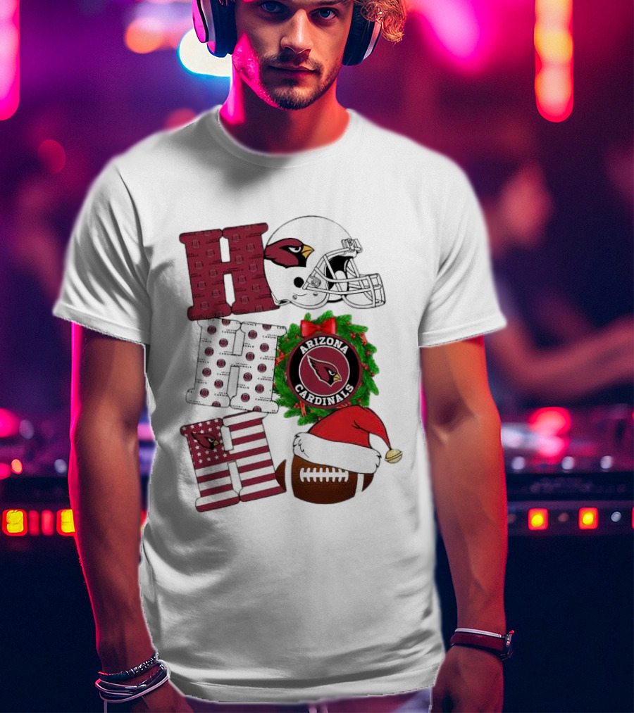 Arizona Cardinals Helmet Wreath Football Ho Ho Ho Merry Christmas T-Shirt