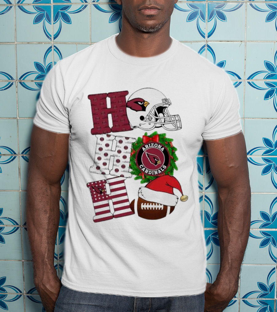 Arizona Cardinals Helmet Wreath Football Ho Ho Ho Merry Christmas T-Shirt