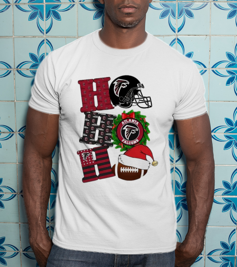 Atlanta Falcons Ho Ho Ho Merry Christmas Football Helmet Wreath Santa Hat T-Shirt