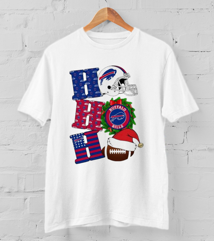 Buffalo Bills Helmet Wreath Football Santa Hat Ho Ho Ho Merry Christmas T-Shirt