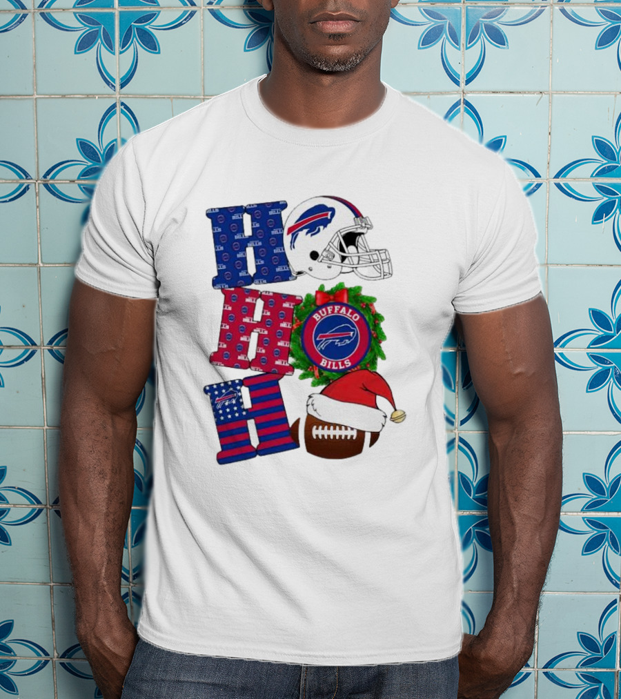 Buffalo Bills Helmet Wreath Football Santa Hat Ho Ho Ho Merry Christmas T-Shirt