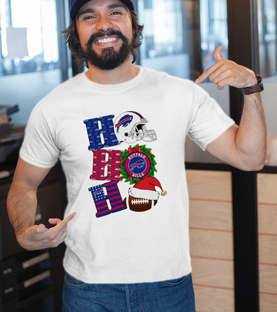 Buffalo Bills Helmet Wreath Football Santa Hat Ho Ho Ho Merry Christmas T-Shirt