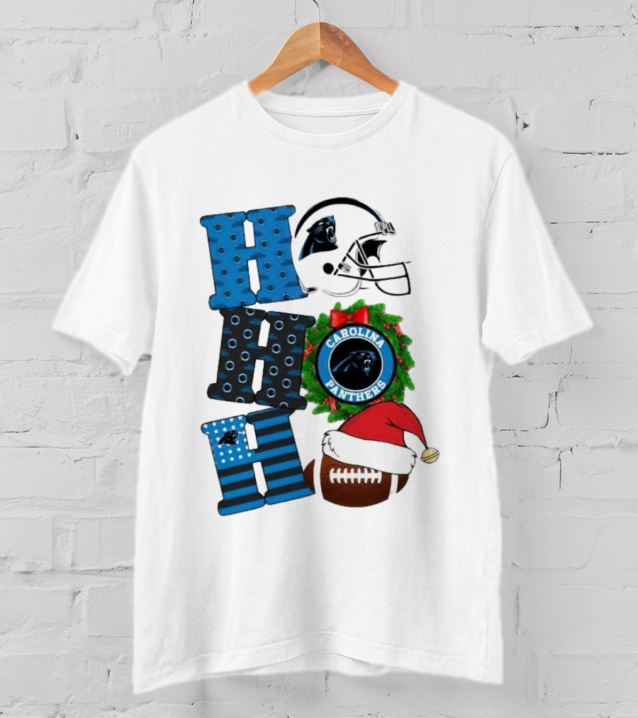 Carolina Panthers Ho Ho Ho Merry Christmas Football Helmet Wreath Santa Hat T-Shirt