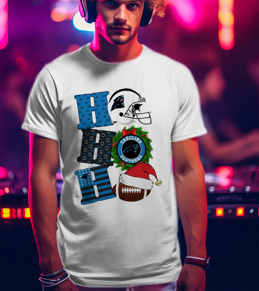Carolina Panthers Ho Ho Ho Merry Christmas Football Helmet Wreath Santa Hat T-Shirt