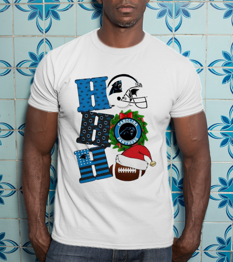 Carolina Panthers Ho Ho Ho Merry Christmas Football Helmet Wreath Santa Hat T-Shirt