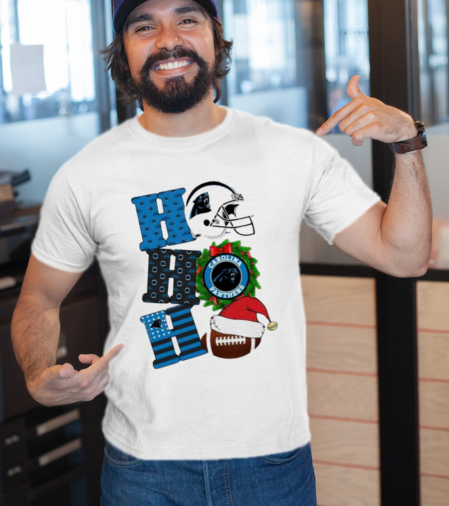 Carolina Panthers Ho Ho Ho Merry Christmas Football Helmet Wreath Santa Hat T-Shirt