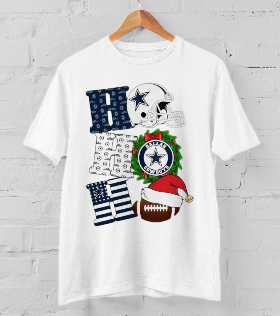 Dallas Cowboys Helmet Wreath Football Christmas Ho Ho Ho Merry Christmas T-Shirt