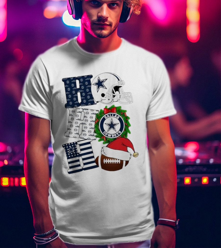 Dallas Cowboys Helmet Wreath Football Christmas Ho Ho Ho Merry Christmas T-Shirt