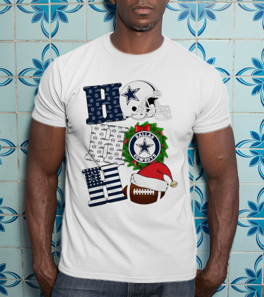 Dallas Cowboys Helmet Wreath Football Christmas Ho Ho Ho Merry Christmas T-Shirt