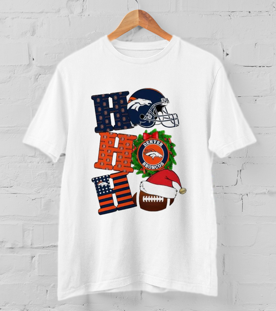 Denver Broncos Ho Ho Ho Merry Christmas Football Helmet Wreath Santa Hat Holiday T-Shirt