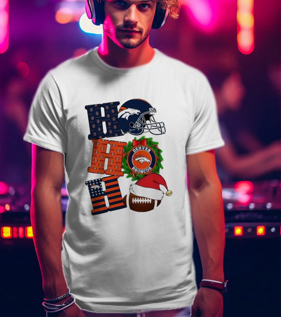 Denver Broncos Ho Ho Ho Merry Christmas Football Helmet Wreath Santa Hat Holiday T-Shirt