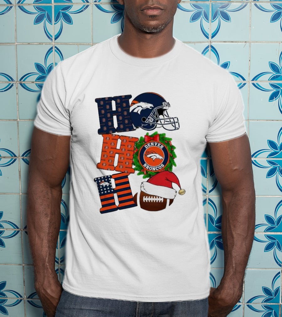 Denver Broncos Ho Ho Ho Merry Christmas Football Helmet Wreath Santa Hat Holiday T-Shirt