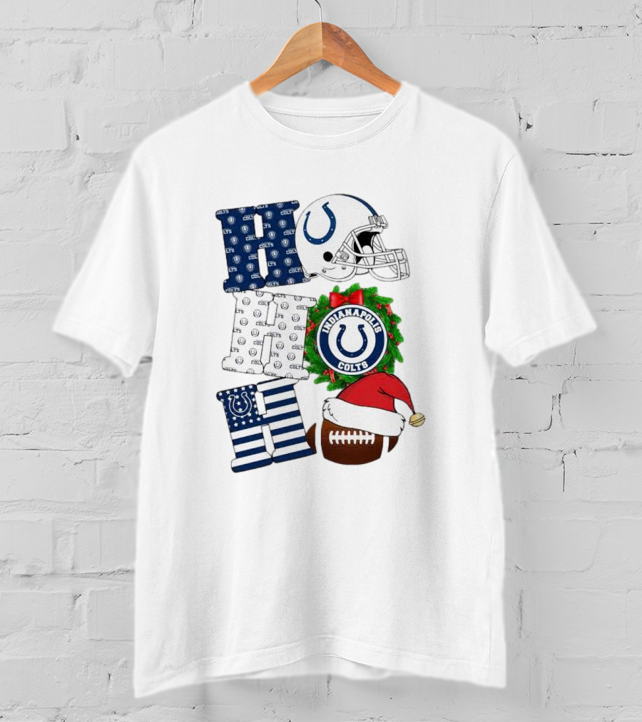 Indianapolis Colts Ho Ho Ho Merry Christmas Football Festive Logo Helmet Wreath Santa Hat T-Shirt