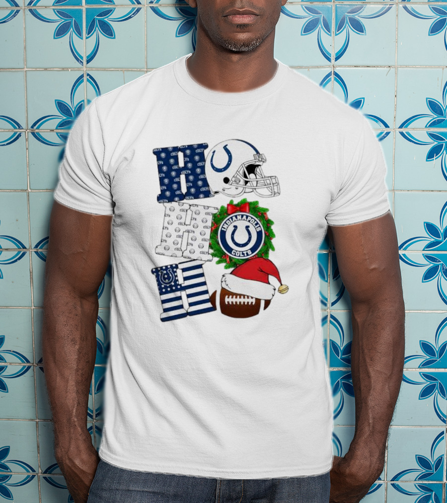 Indianapolis Colts Ho Ho Ho Merry Christmas Football Festive Logo Helmet Wreath Santa Hat T-Shirt