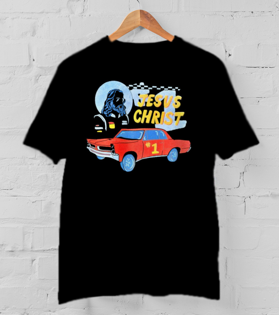 Jesus Christ Racing Champion With Red Car And Checkered Flag T-Shirt