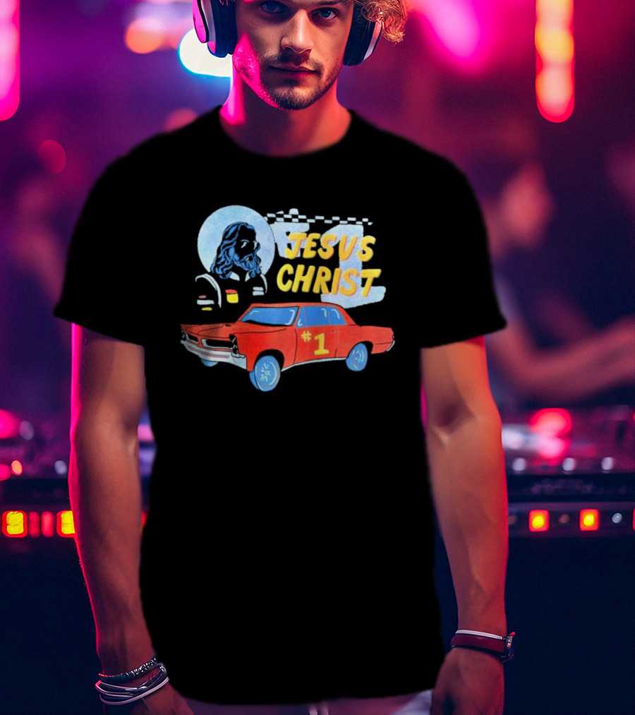 Jesus Christ Racing Champion With Red Car And Checkered Flag T-Shirt