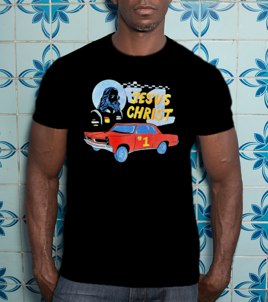 Jesus Christ Racing Champion With Red Car And Checkered Flag T-Shirt