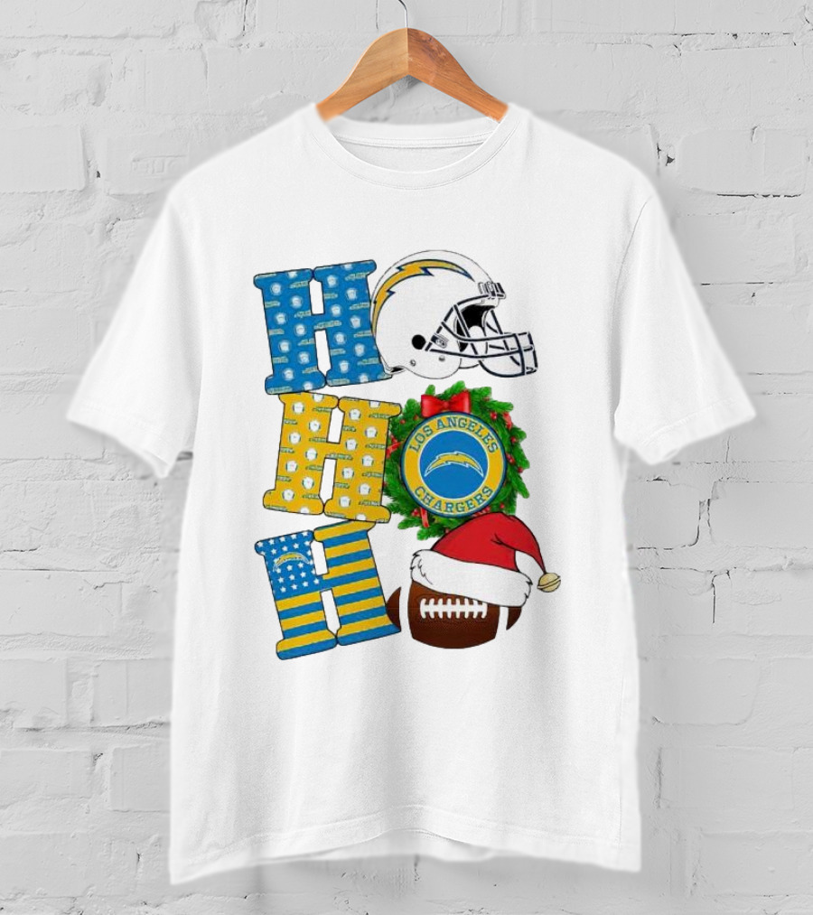 Los Angeles Chargers Ho Ho Ho Merry Christmas Wreath Helmet Football Santa Hat Featured T-Shirt