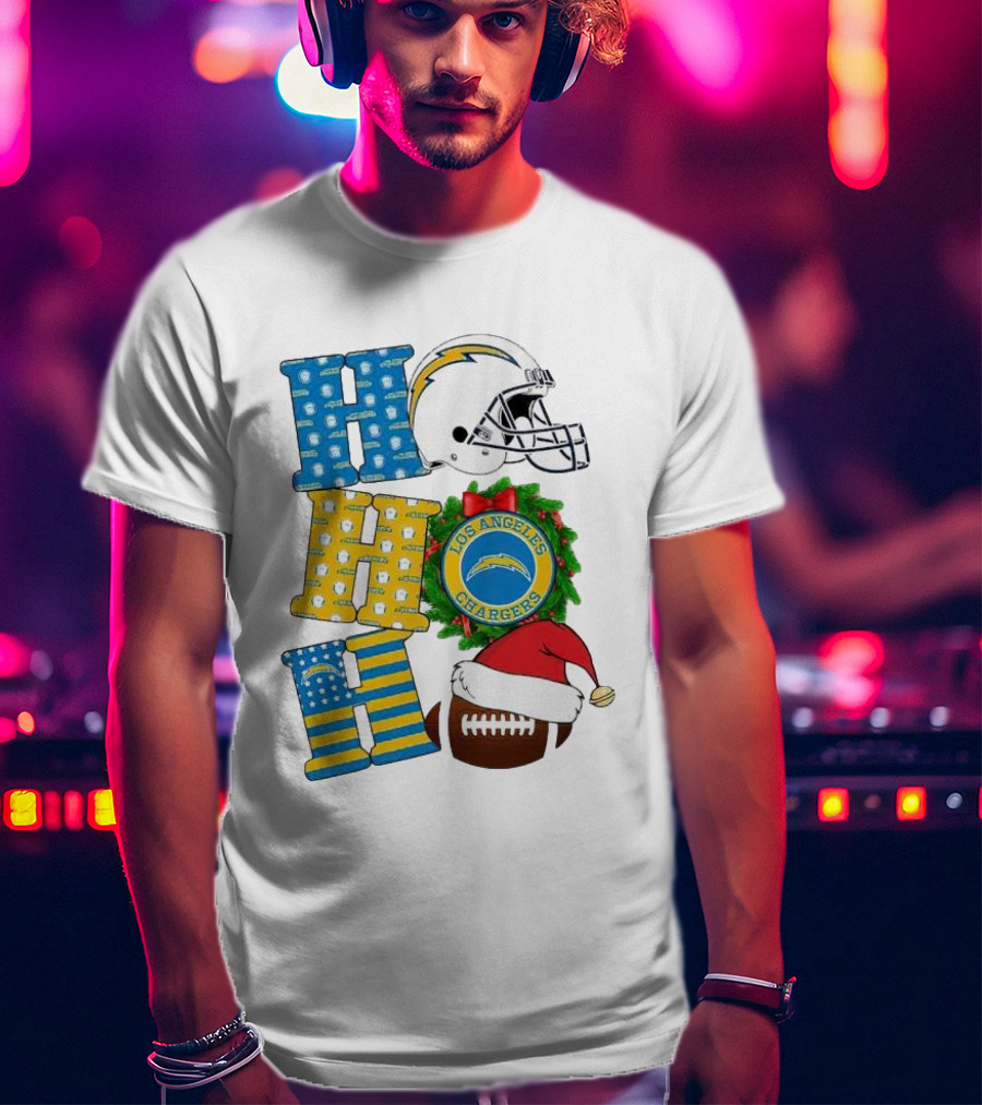Los Angeles Chargers Ho Ho Ho Merry Christmas Wreath Helmet Football Santa Hat Featured T-Shirt