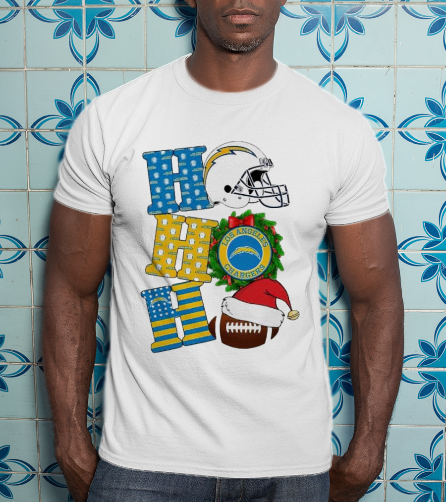 Los Angeles Chargers Ho Ho Ho Merry Christmas Wreath Helmet Football Santa Hat Featured T-Shirt