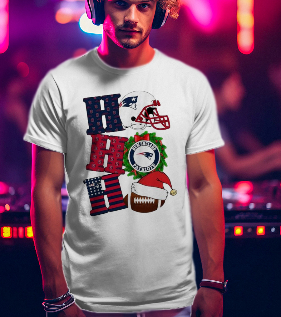 New England Patriots Ho Ho Ho Merry Christmas Football Helmet Wreath Santa Hat Football T-Shirt