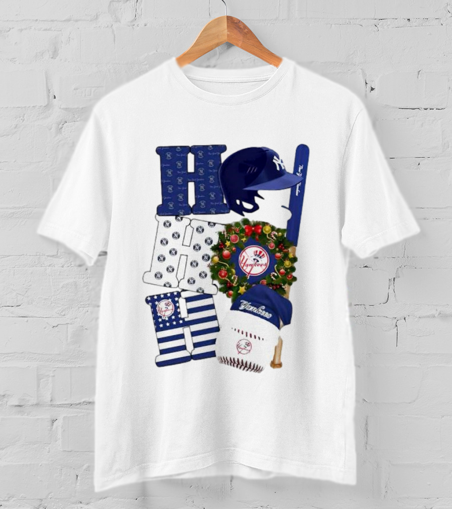 New York Yankees Ho Ho Ho Merry Christmas Yankees Caps Wreath Baseball Bat T-Shirt