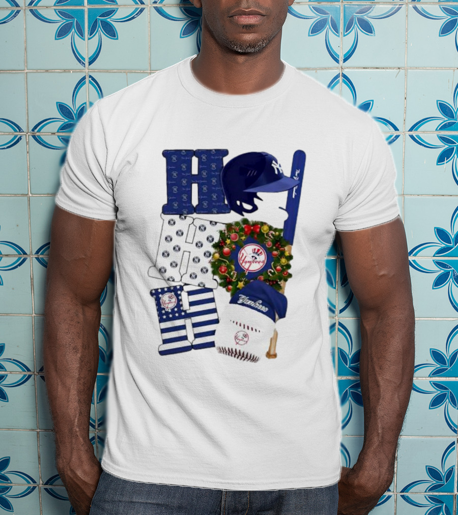New York Yankees Ho Ho Ho Merry Christmas Yankees Caps Wreath Baseball Bat T-Shirt