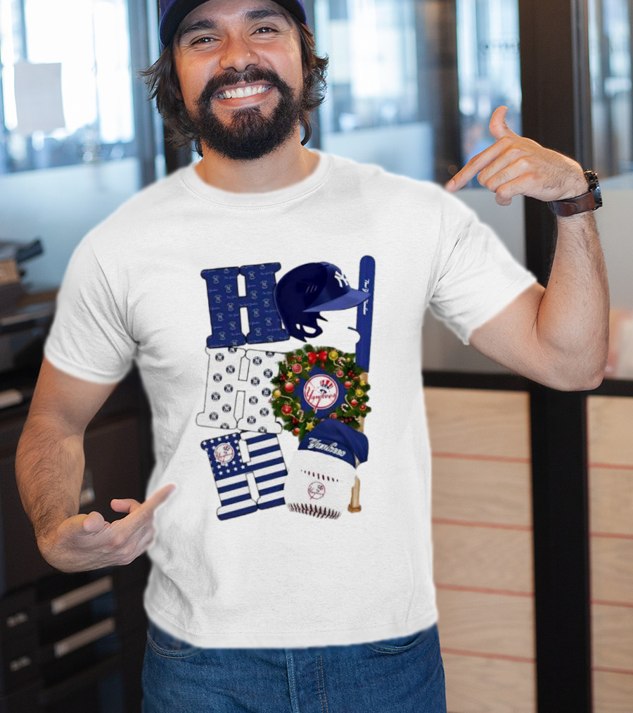 New York Yankees Ho Ho Ho Merry Christmas Yankees Caps Wreath Baseball Bat T-Shirt