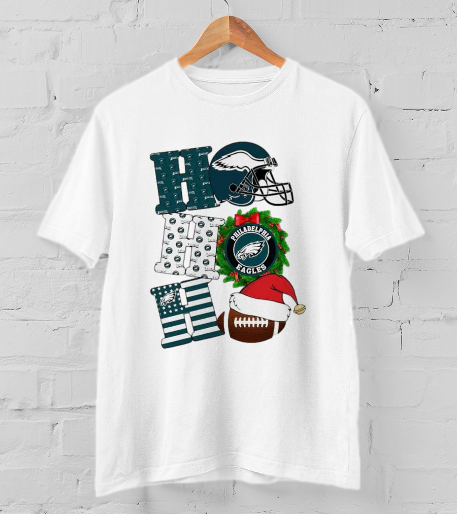 Philadelphia Eagles Ho Ho Ho Merry Christmas Football Helmet Wreath Santa Hat T-Shirt